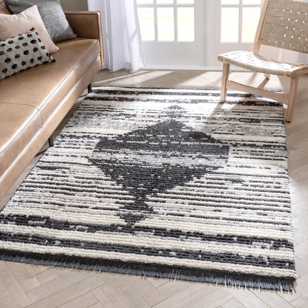 Sakari Moroccan Diamond Medallion Pattern Grey Textured Pile Rug