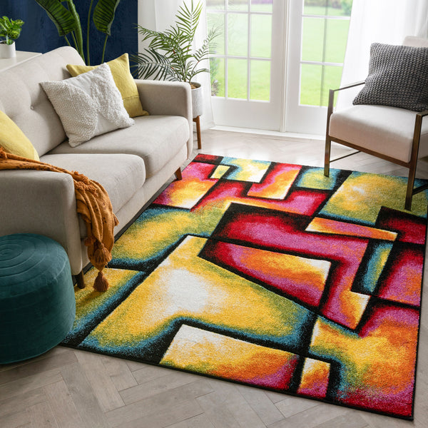 Fortune Contemporary Abstract Geometric Boxes Multi Hand-Carved Rug